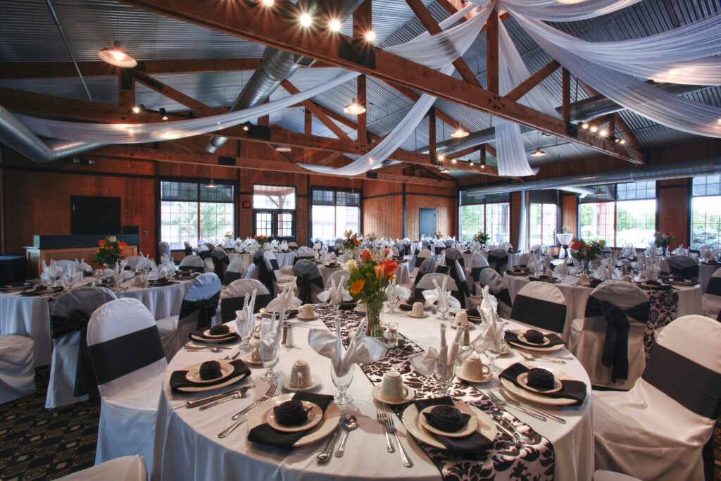 The Pavilion set up with tables for a fancy wedding