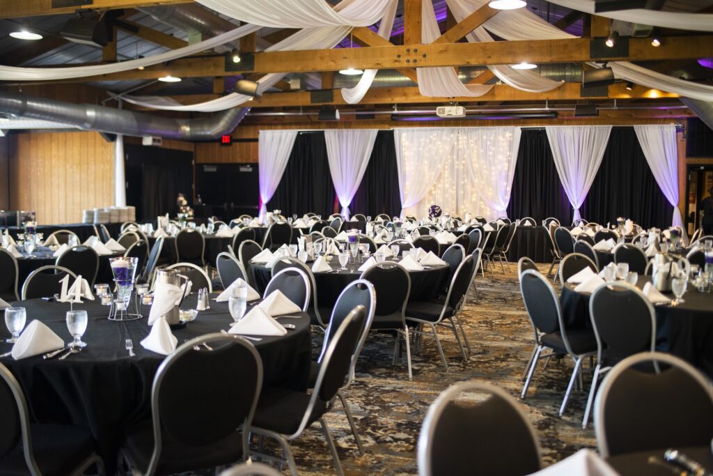 The Pavilion set up with round tables for a wedding